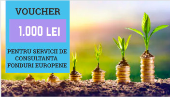 Voucher pentru pagina Cand Incepe Start-Up Nation, in valoare de 1000 de lei. Textul apare pe un dreptunghi albastru, valoarea in chenar mov, iar pe fundal niste muguri care cresc pe fonduri europene.